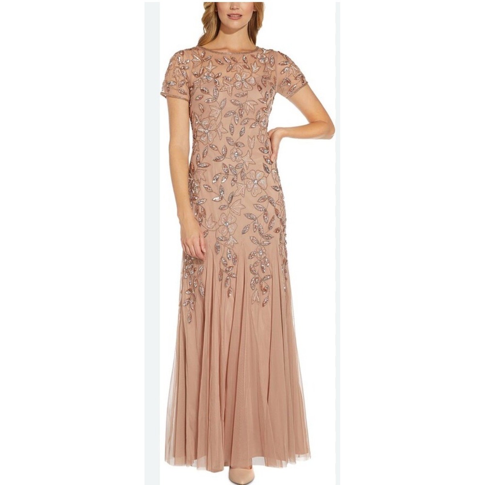Adrianna Papell Blush Beaded Floral Tulle Maxi Dress